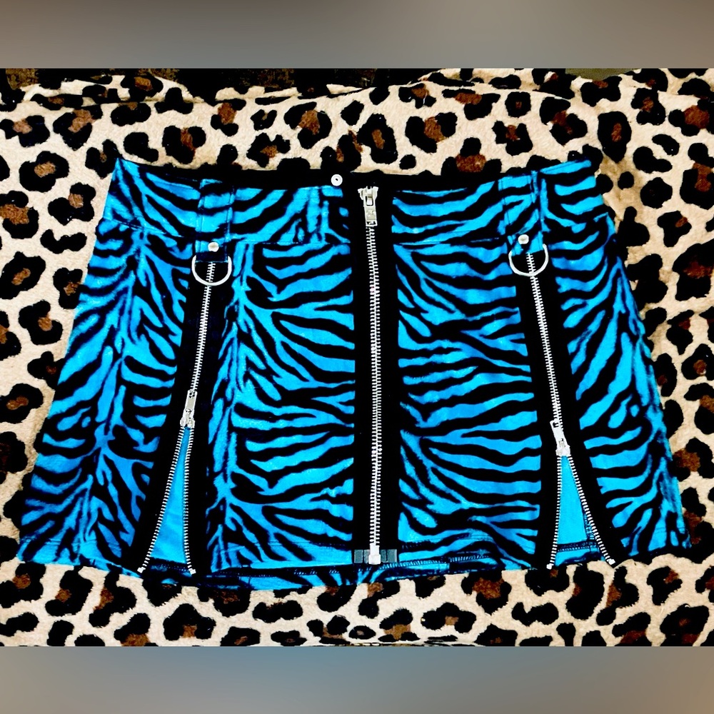 Current Mood faux fur electric blue zebra print zipper embellished miniskirt